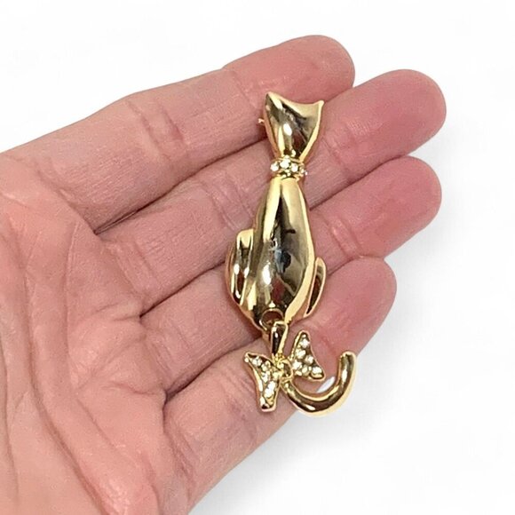 Vintage Gold Tone Cat Pin With Crystal Collar, Bow & Articulated Tail - Picture 3 of 3